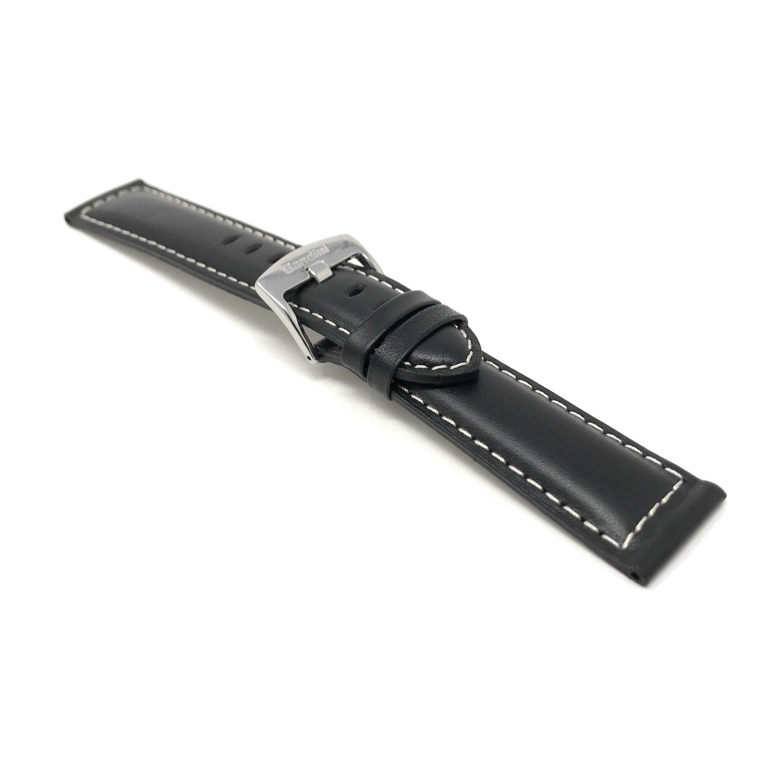 24mm Black Genuine Leather Watch Band Strap, Mat Finish, White Stitching, Also Comes in Brown, Tan and Light Brown