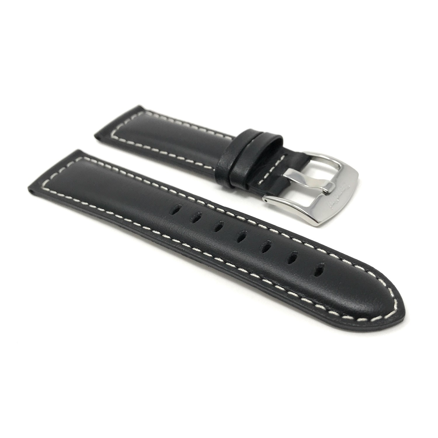 26mm Black Genuine Leather Watch Band Strap, Mat Finish, White Stitching, Also Comes in Brown, Tan and Light Brown