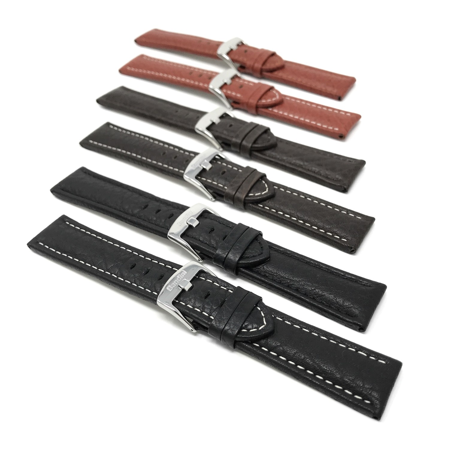 18mm bracelet de montre en cuir véritable, noir, style classique, motif buffle, couture blanche, boucle en acier inoxydable