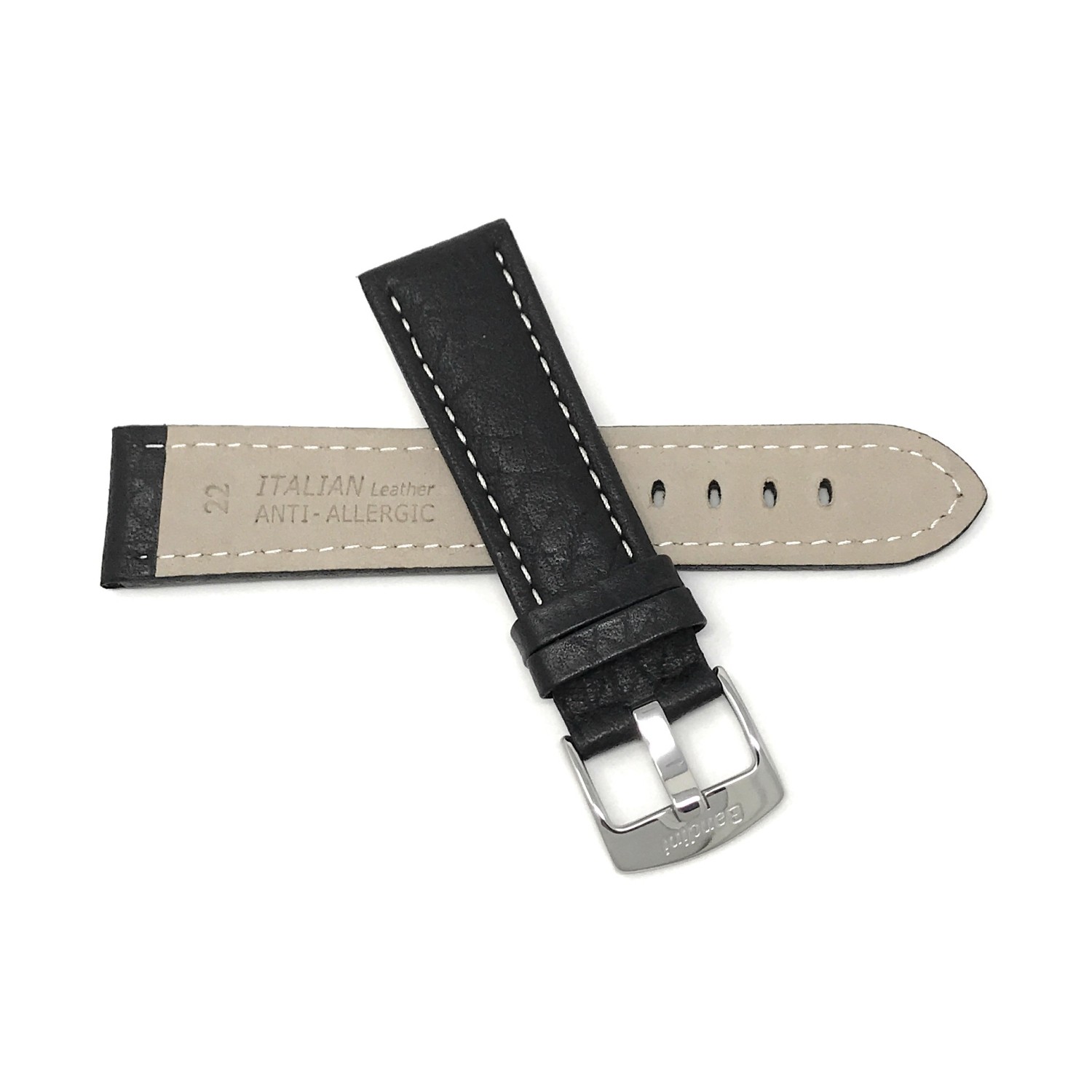 26mm Black Classic Genuine Leather Buffalo Pattern Watch Strap Band, with White Stitching