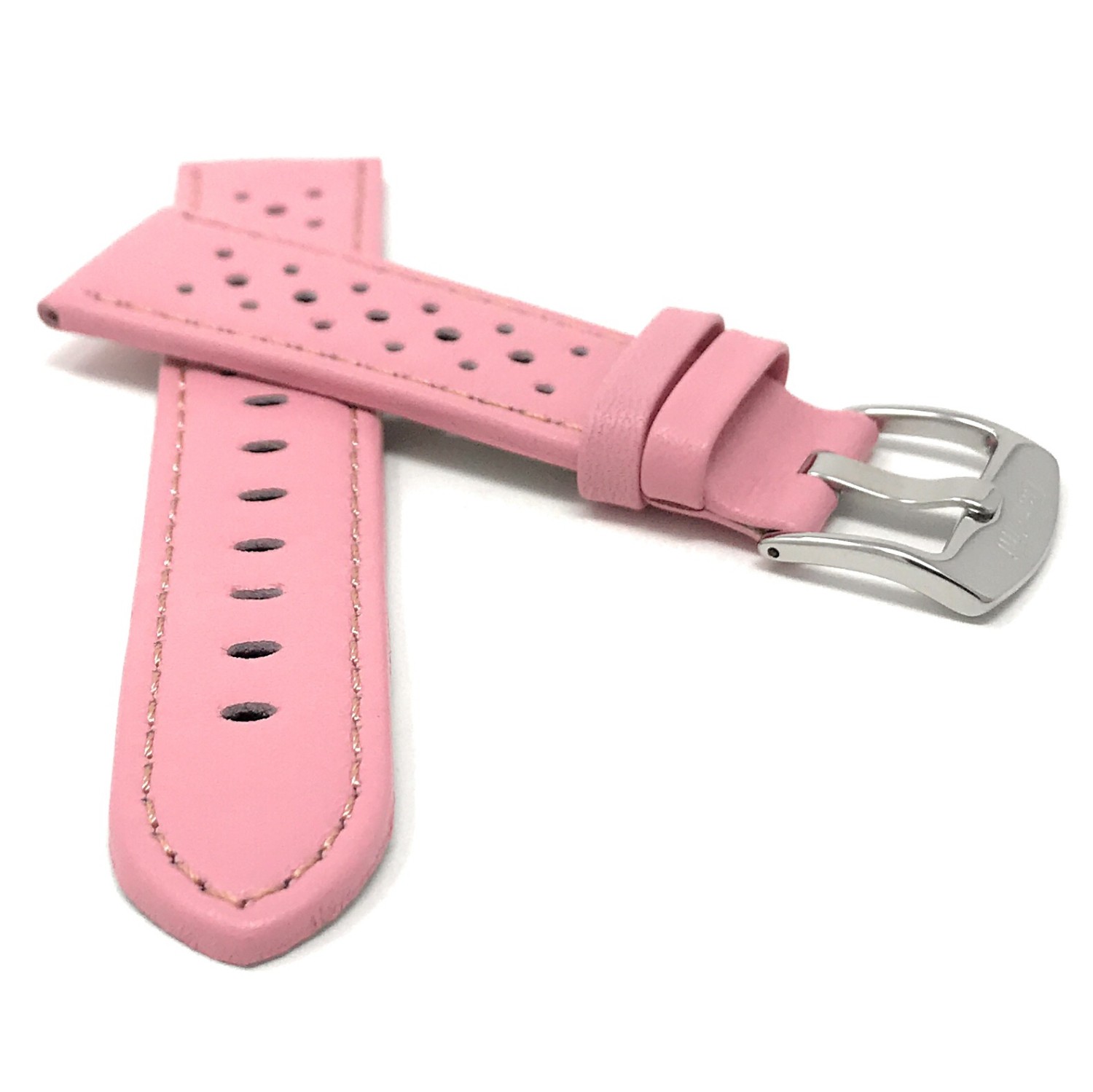 18mm Pink Vented Racer Genuine Leather Watch Strap Band, with Stainless Steel Buckle