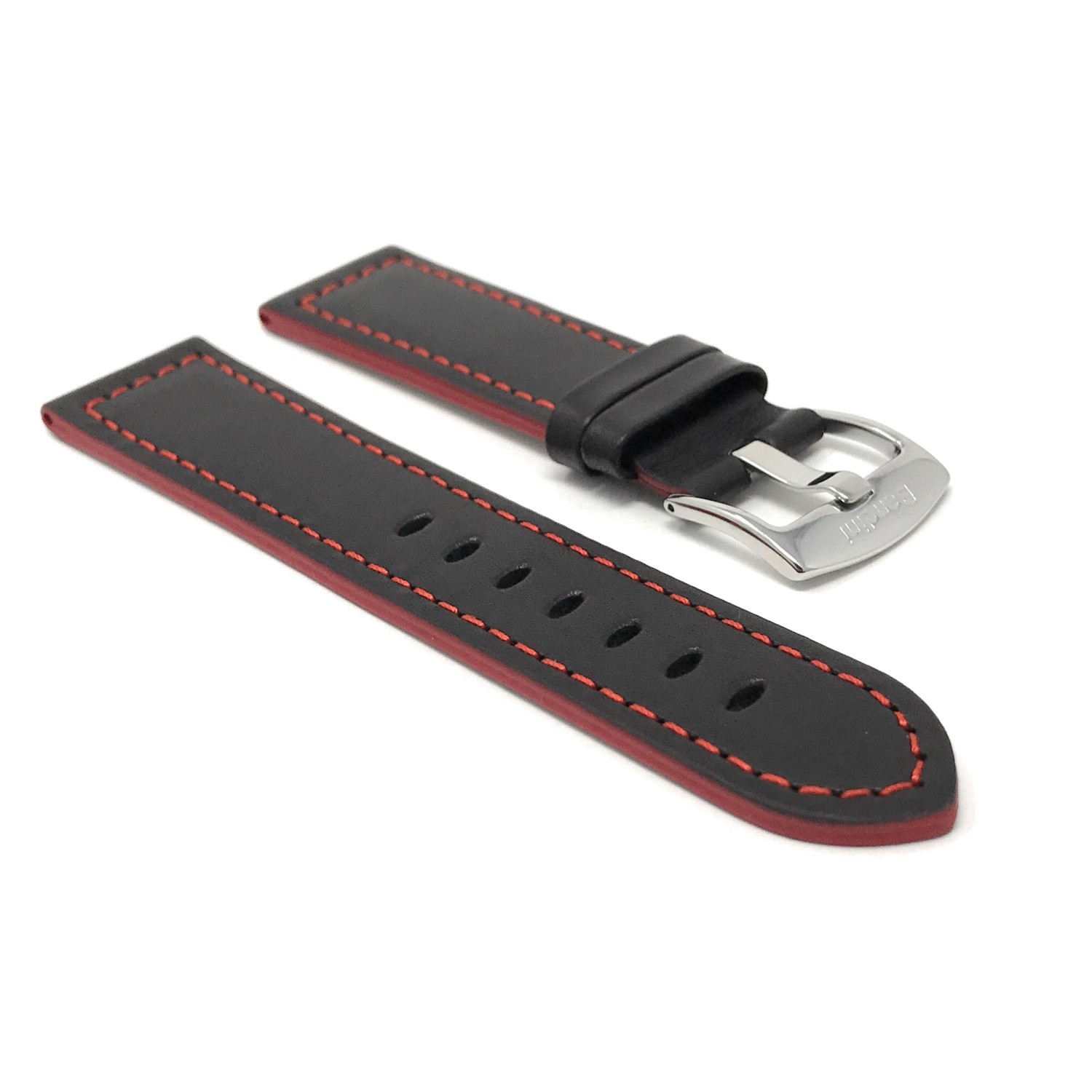 18mm Leather Watch Strap Band, Racer, Black with Red Stitching