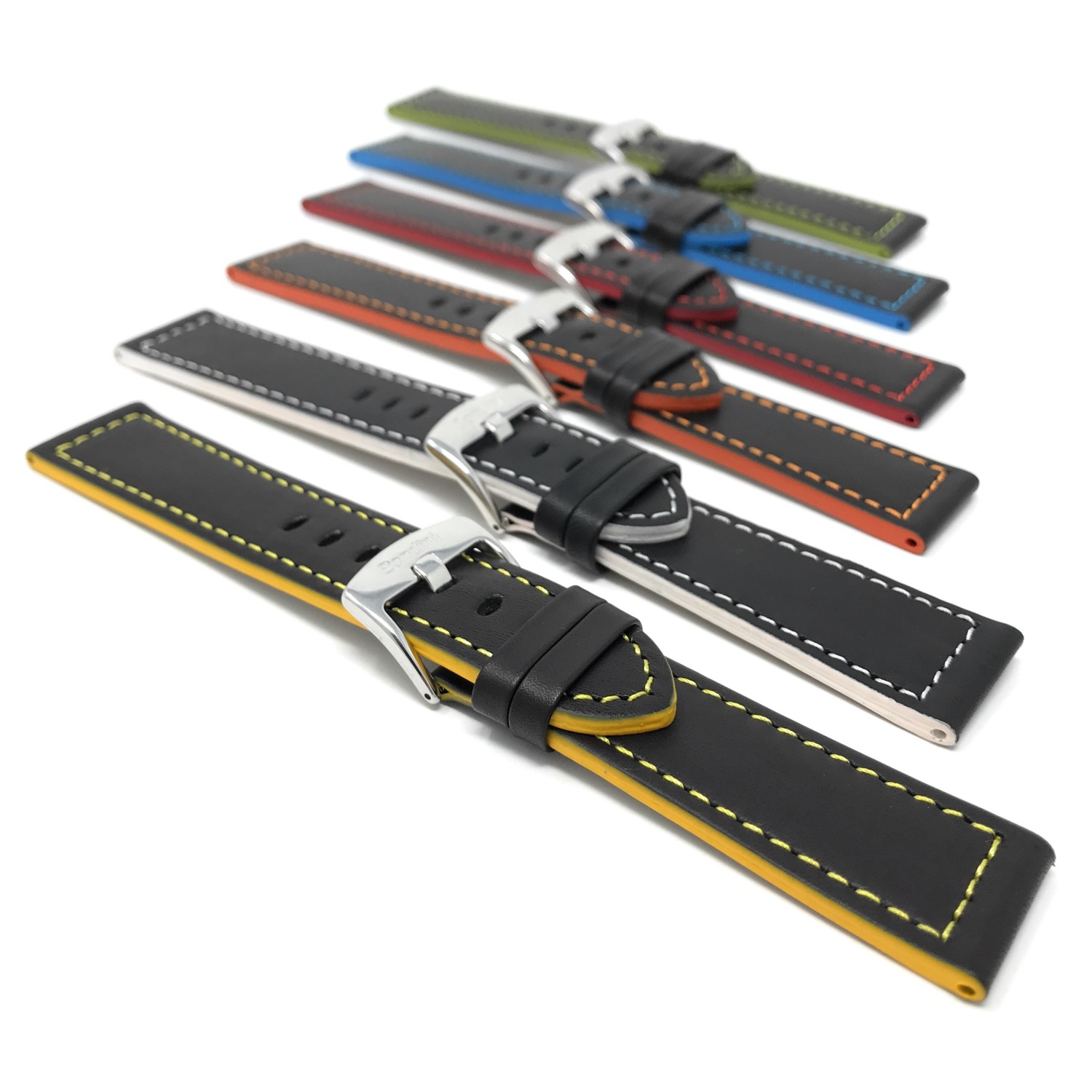 24mm Leather Watch Strap Band, Racer, Black with Orange Stitching