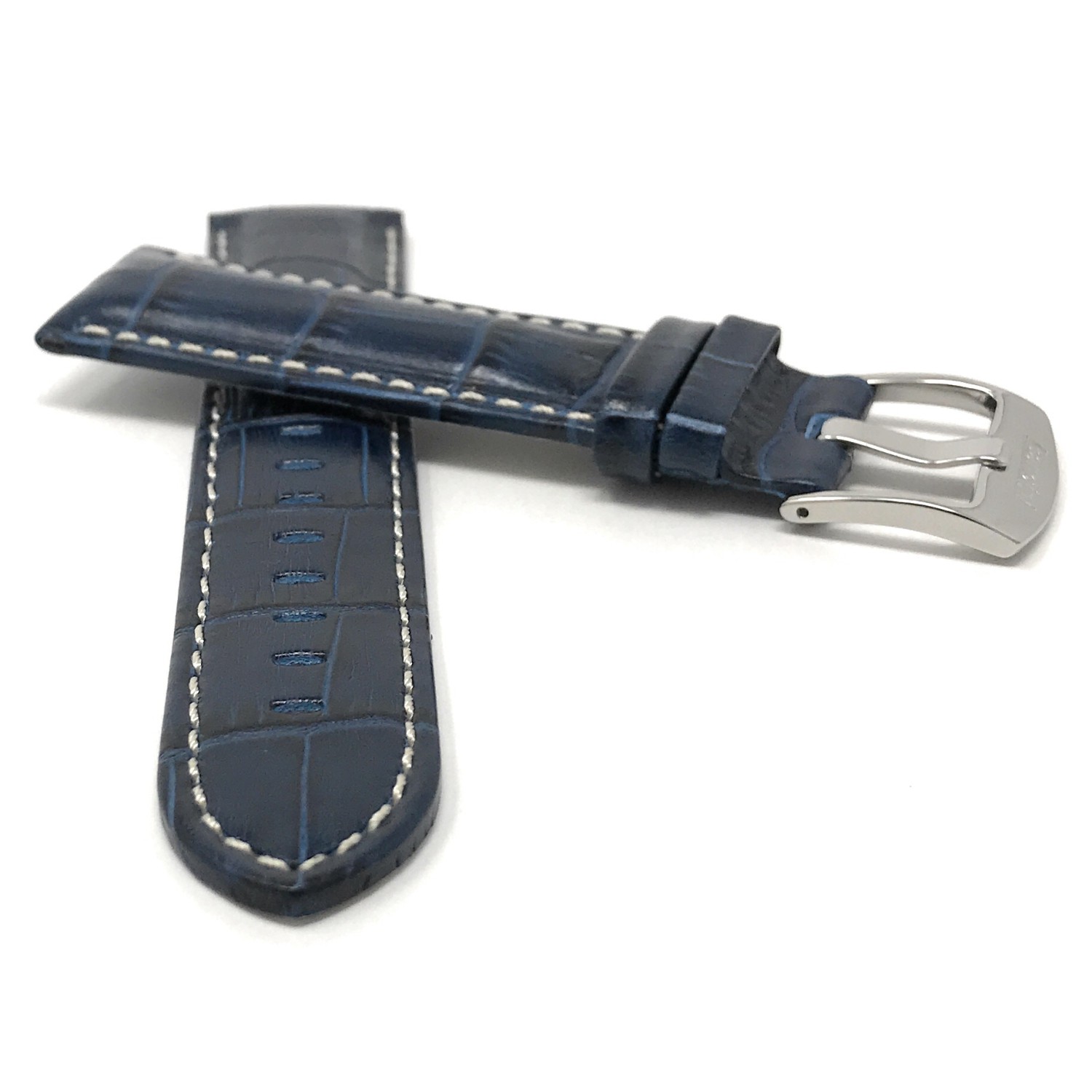 20mm Bracelet de montre intelligente pour Motorola 360, en cuir, bleu, couture blanche, fini lustré, motif alligator