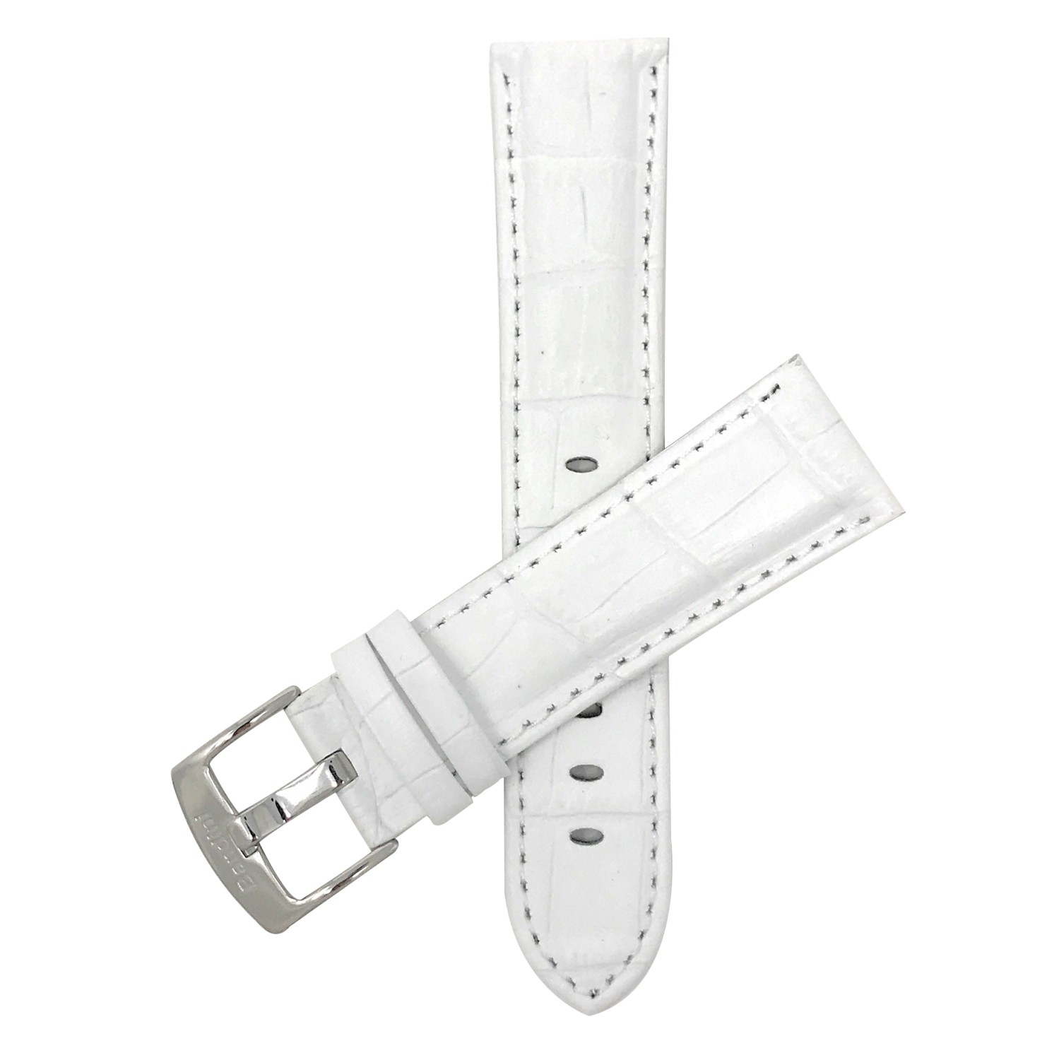24mm White Mens' Alligator Style Genuine Leather Watch Band Strap, With White Stitching, Glossy Finish