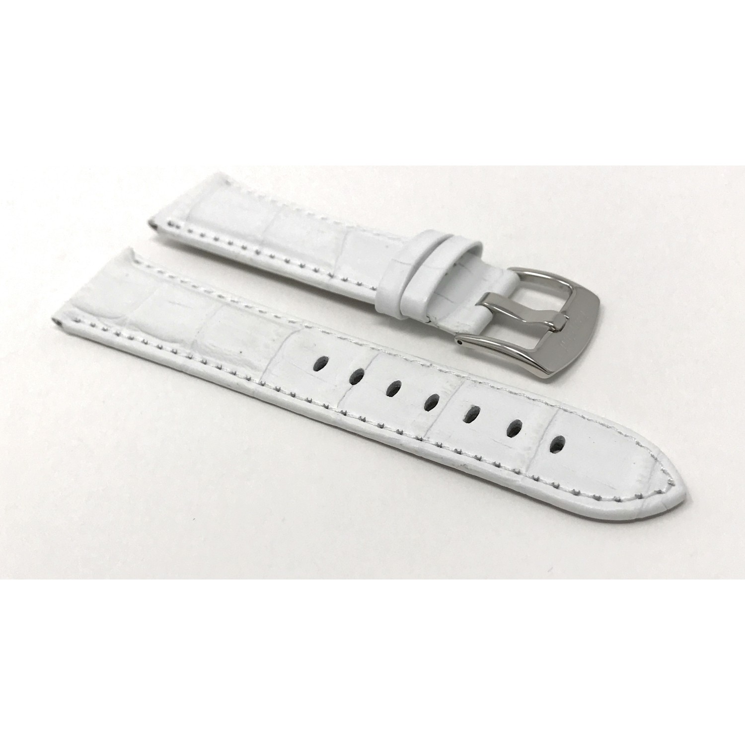 24mm White Mens' Alligator Style Genuine Leather Watch Band Strap, With White Stitching, Glossy Finish