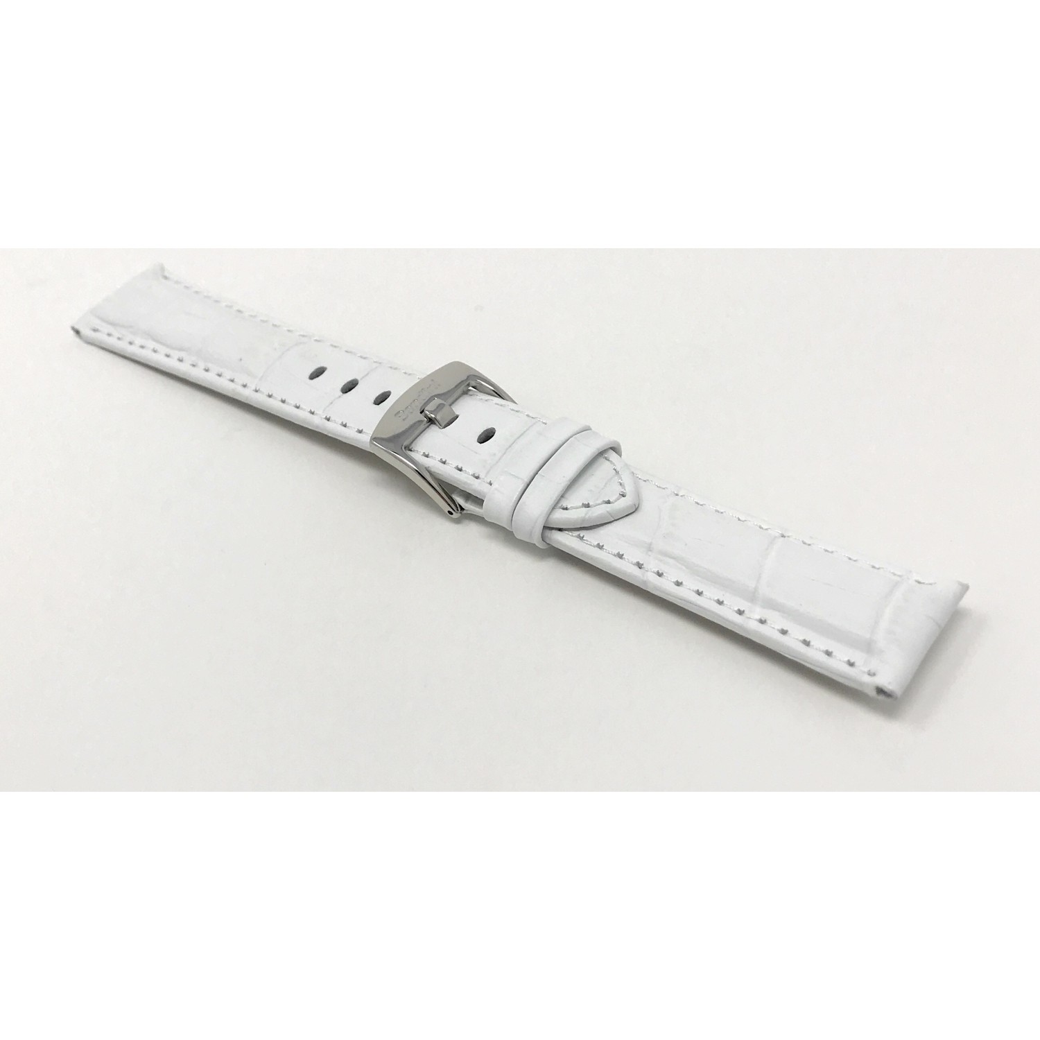 24mm White Mens' Alligator Style Genuine Leather Watch Band Strap, With White Stitching, Glossy Finish