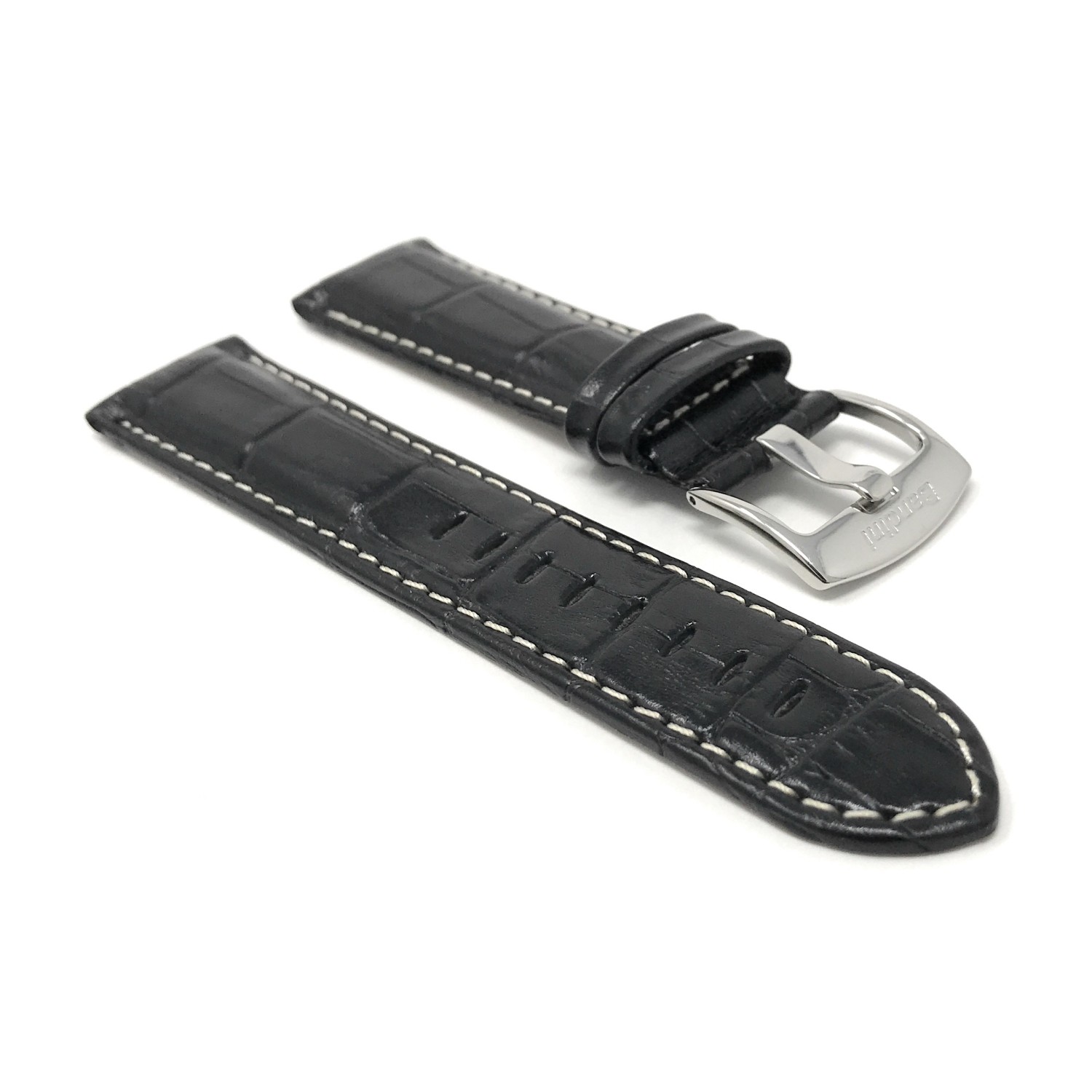 28mm Black Mens' Alligator Style Genuine Leather Watch Band Strap, With White Stitching, Glossy Finish