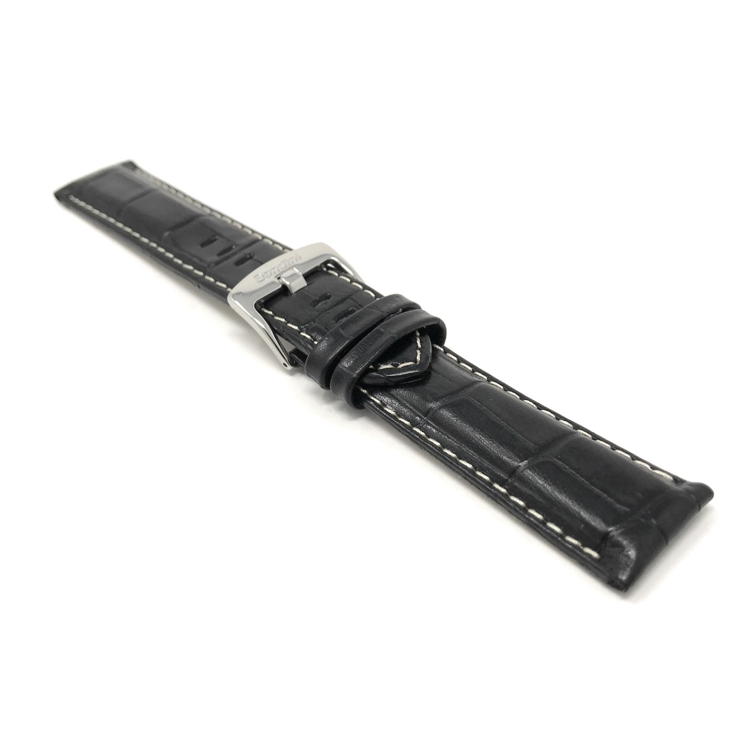 28mm Black Mens' Alligator Style Genuine Leather Watch Band Strap, With White Stitching, Glossy Finish