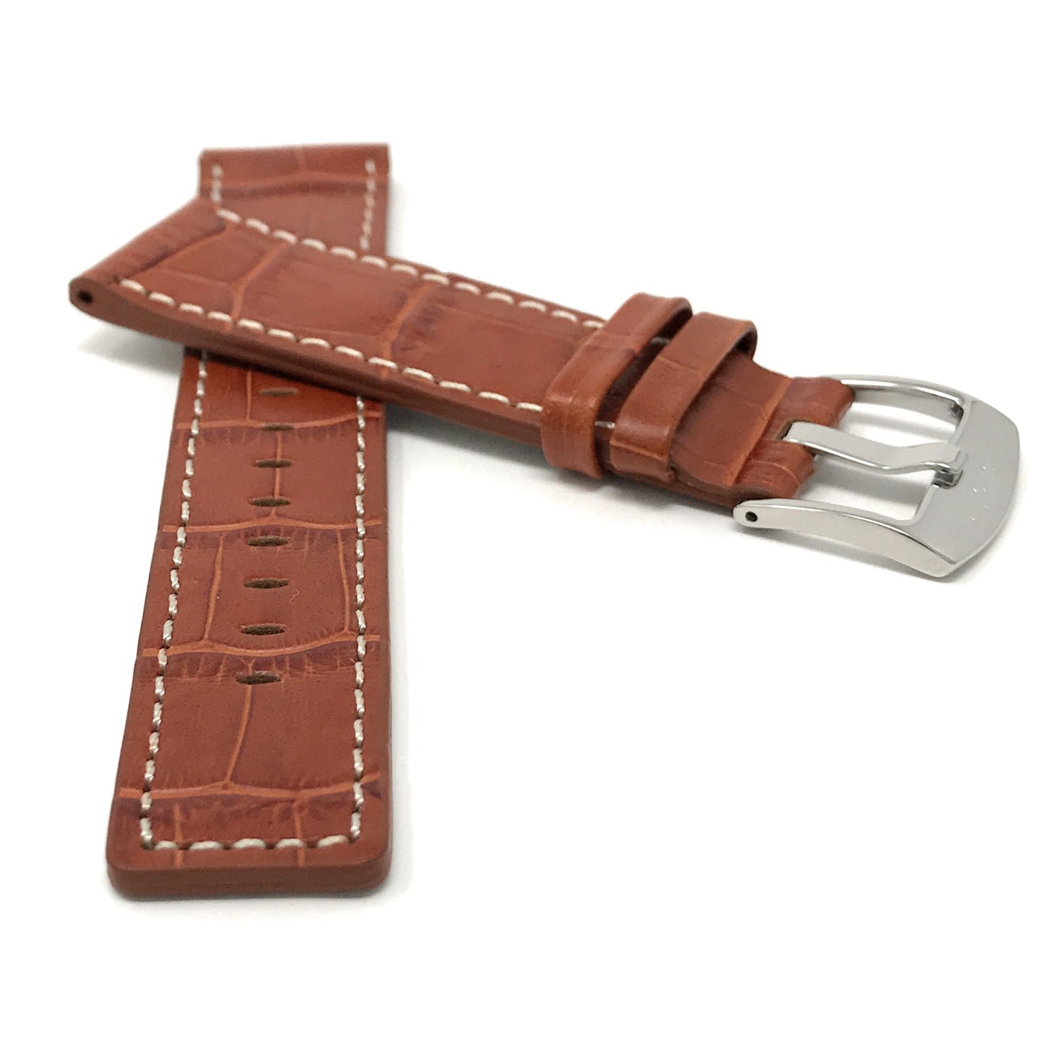 28mm Tan Genuine Leather Watch Band Strap, White Stitching, Also comes in Black and Brown