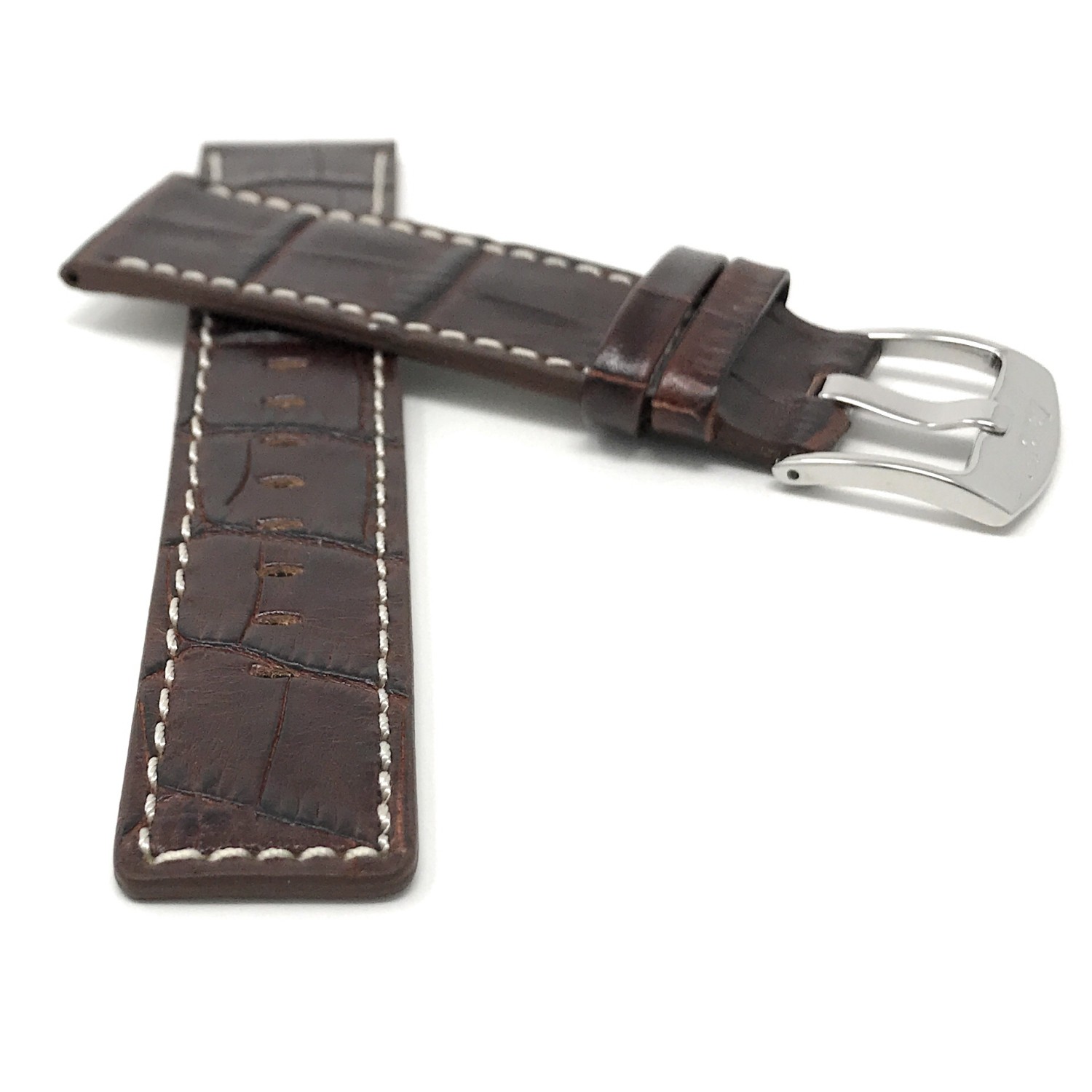 30mm Brown Genuine Leather Watch Band Strap, White Stitching, Also comes in Black and Tan