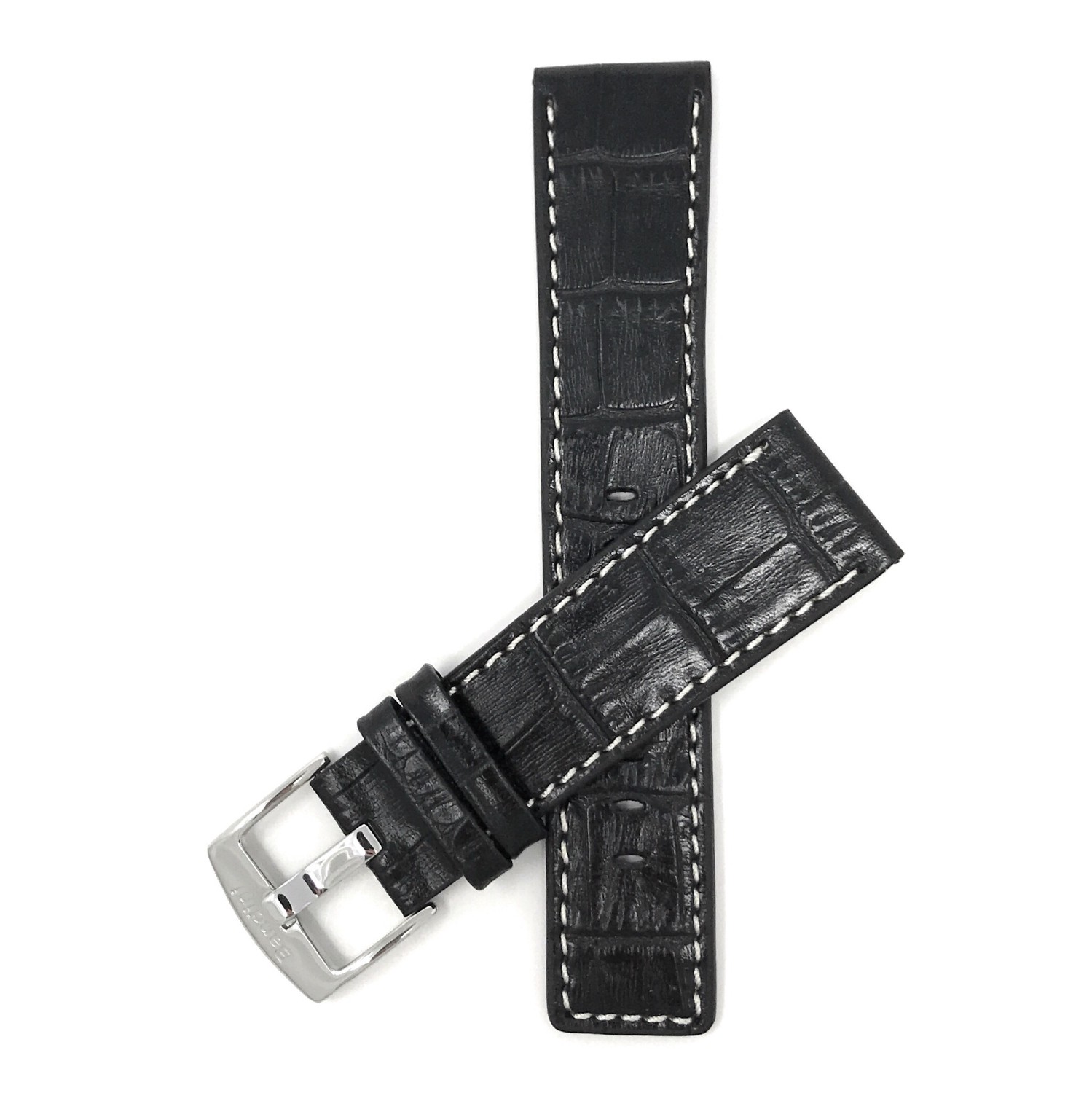 24mm Black Genuine Leather Watch Band Strap, White Stitching, Also comes in Brown and Tan