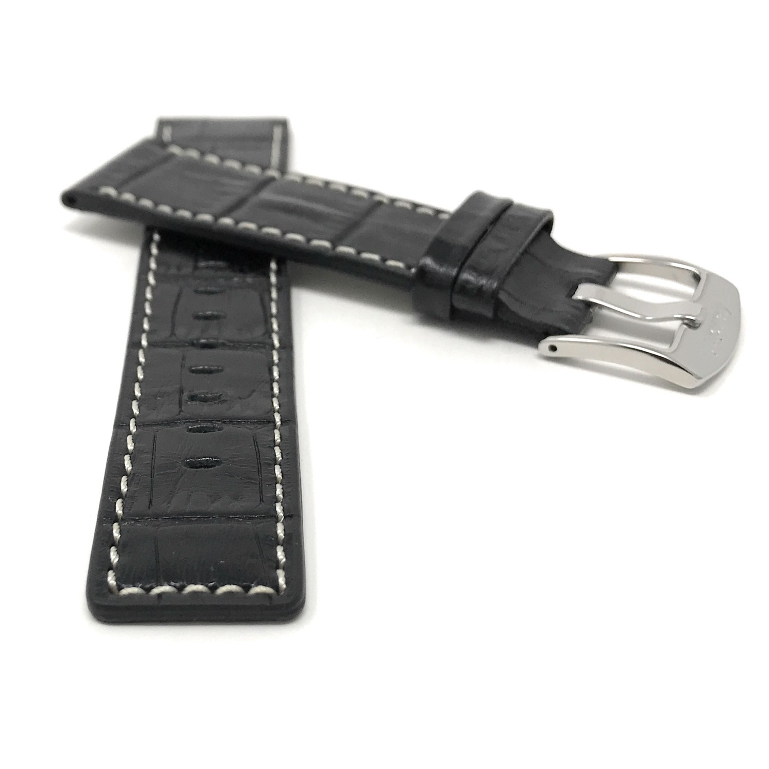 24mm Black Genuine Leather Watch Band Strap, White Stitching, Also comes in Brown and Tan