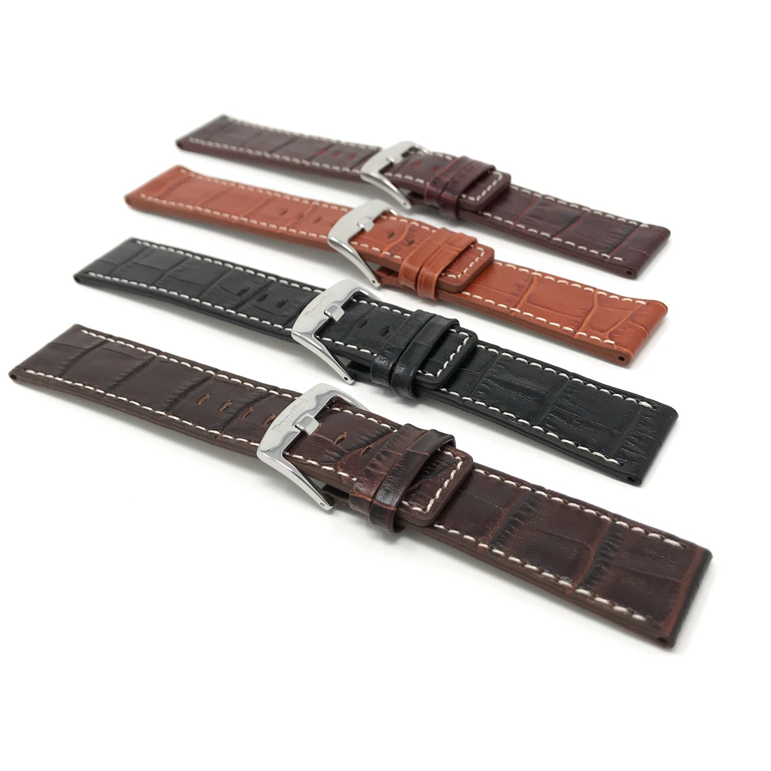 24mm Black Genuine Leather Watch Band Strap, White Stitching, Also comes in Brown and Tan