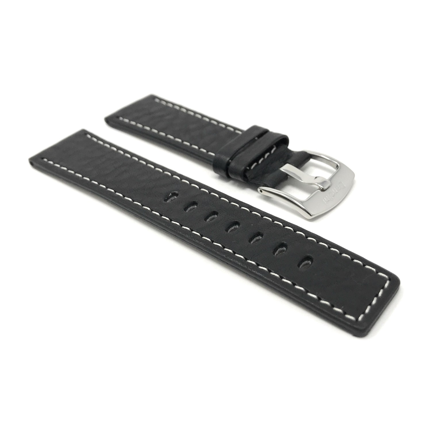 22mm Smartwatch Strap for Motorola 360, Samsung S3 Classic, Leather, Black, White Stitch