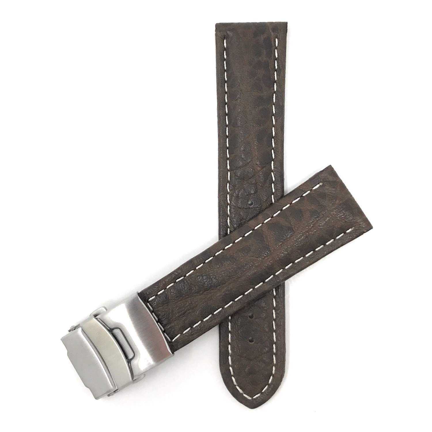 24mm Brown Genuine Leather Watch Strap Band with Deployment Clasp Buckle and White Stitching