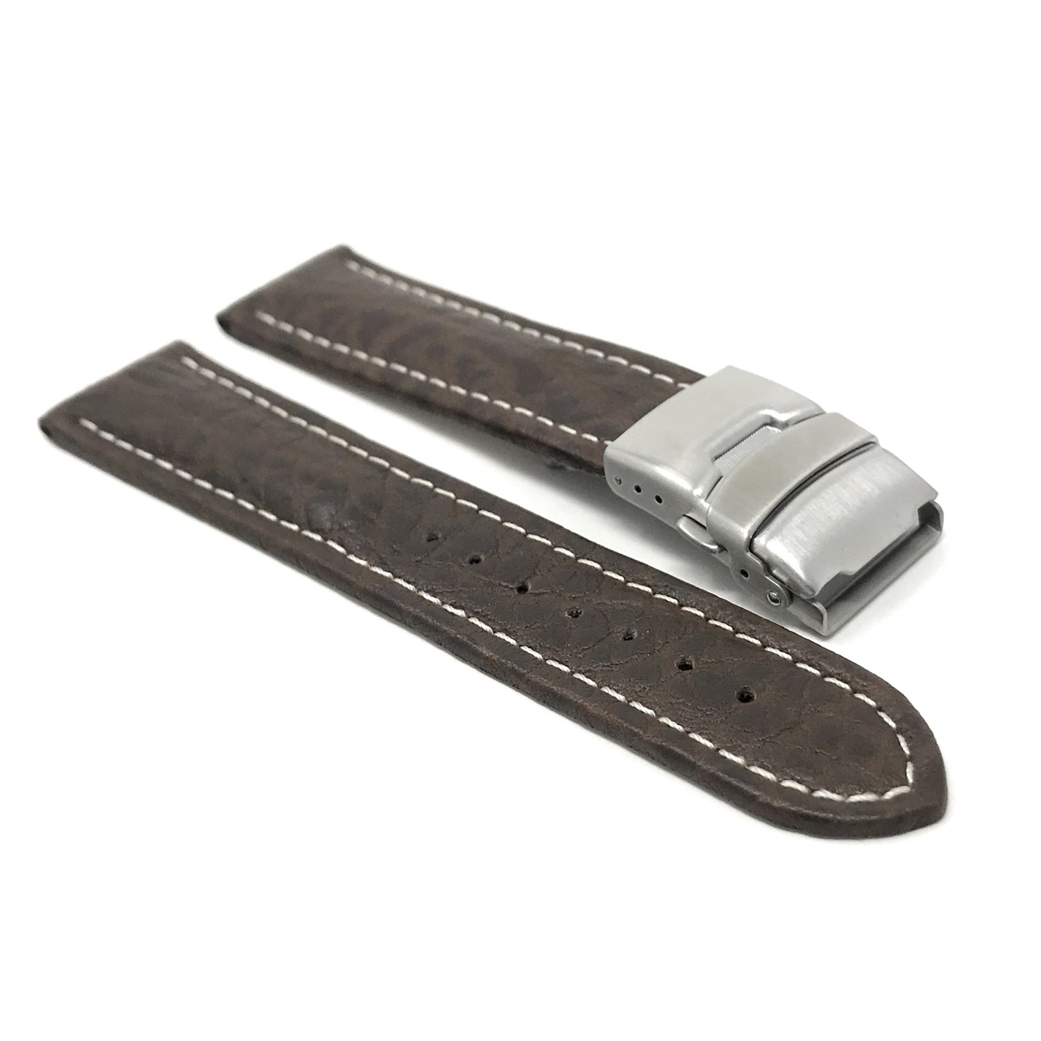 24mm Brown Genuine Leather Watch Strap Band with Deployment Clasp Buckle and White Stitching