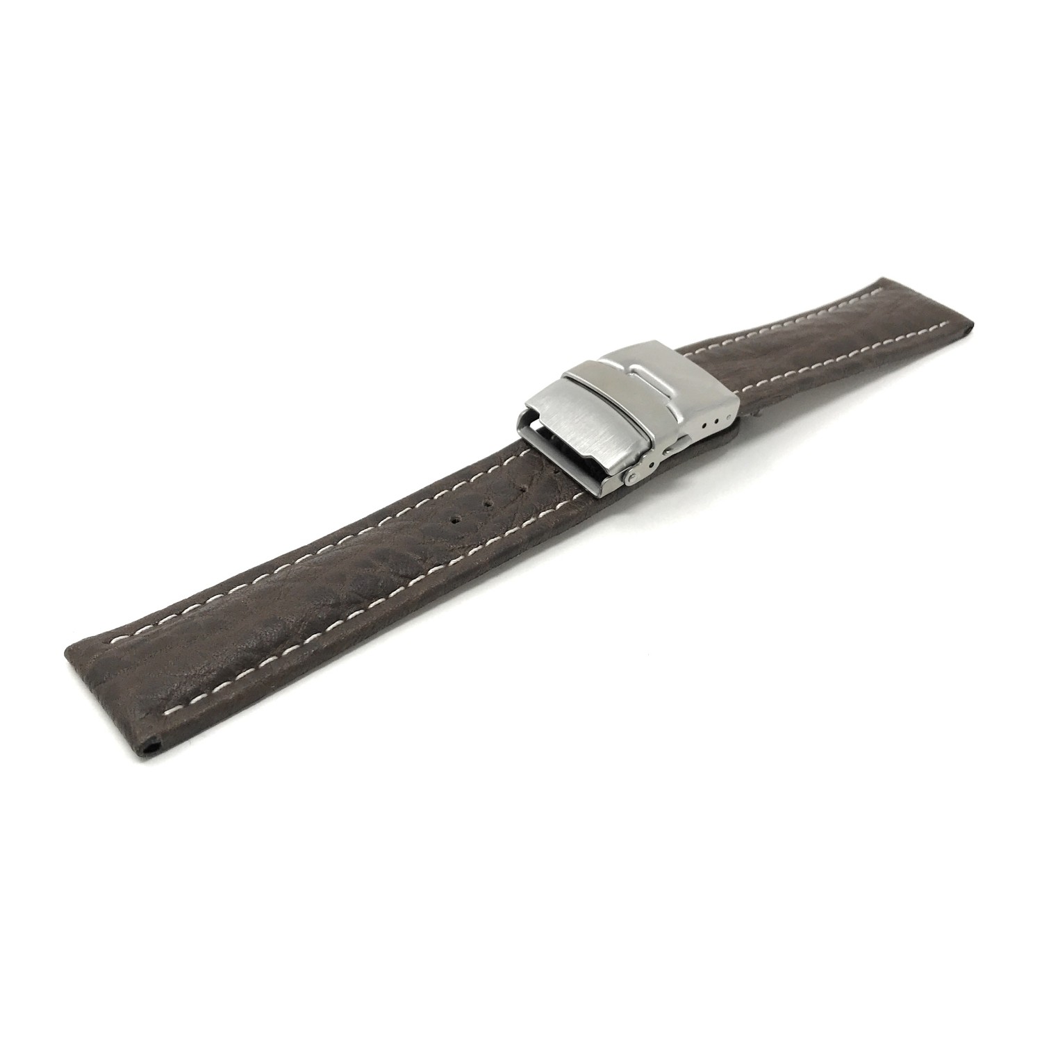 24mm Brown Genuine Leather Watch Strap Band with Deployment Clasp Buckle and White Stitching