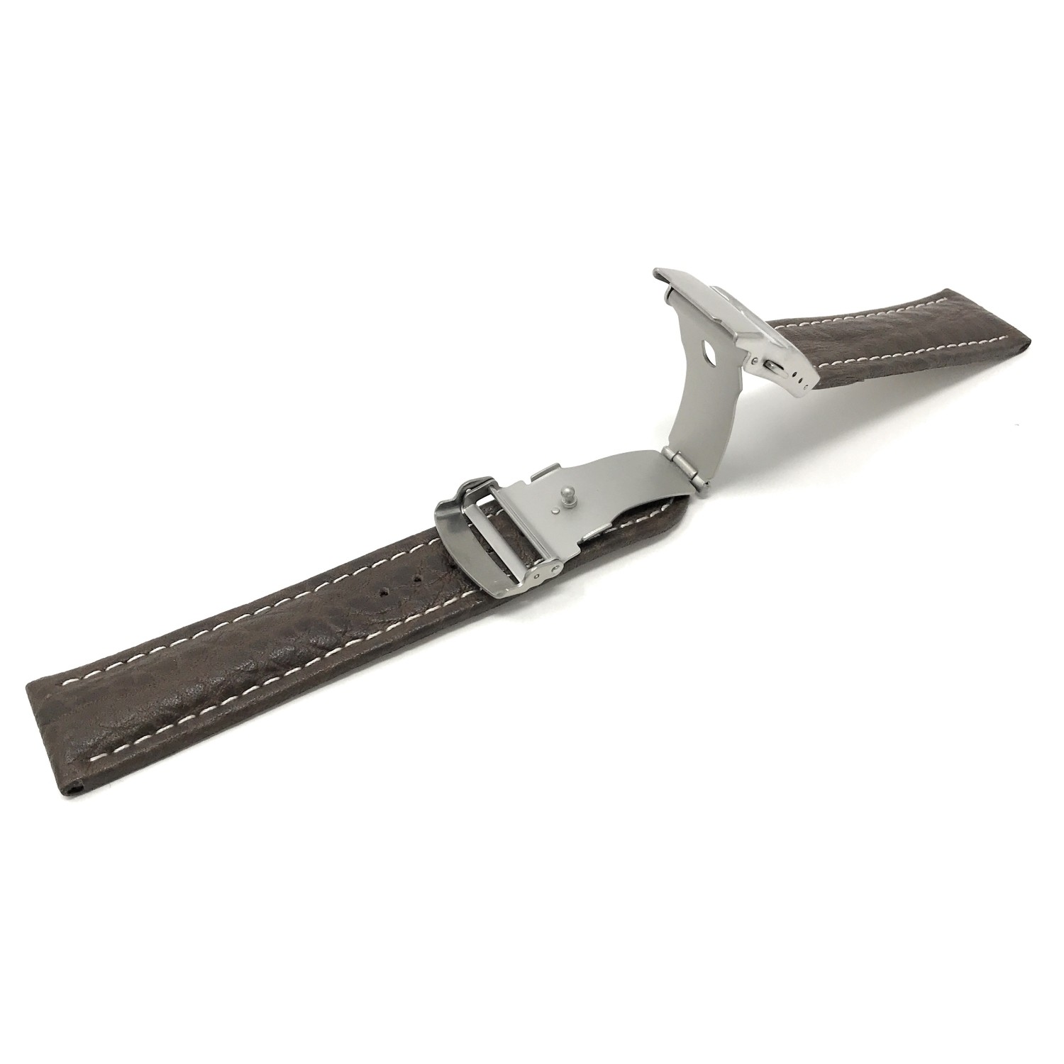 24mm Brown Genuine Leather Watch Strap Band with Deployment Clasp Buckle and White Stitching