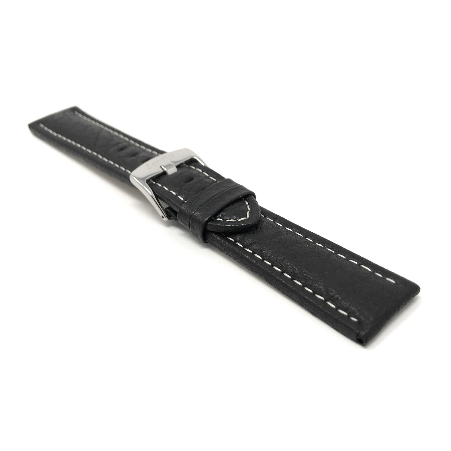 Extra Long 18mm Black Classic Genuine Leather Buffalo Pattern Watch Strap Band, with White Stitching