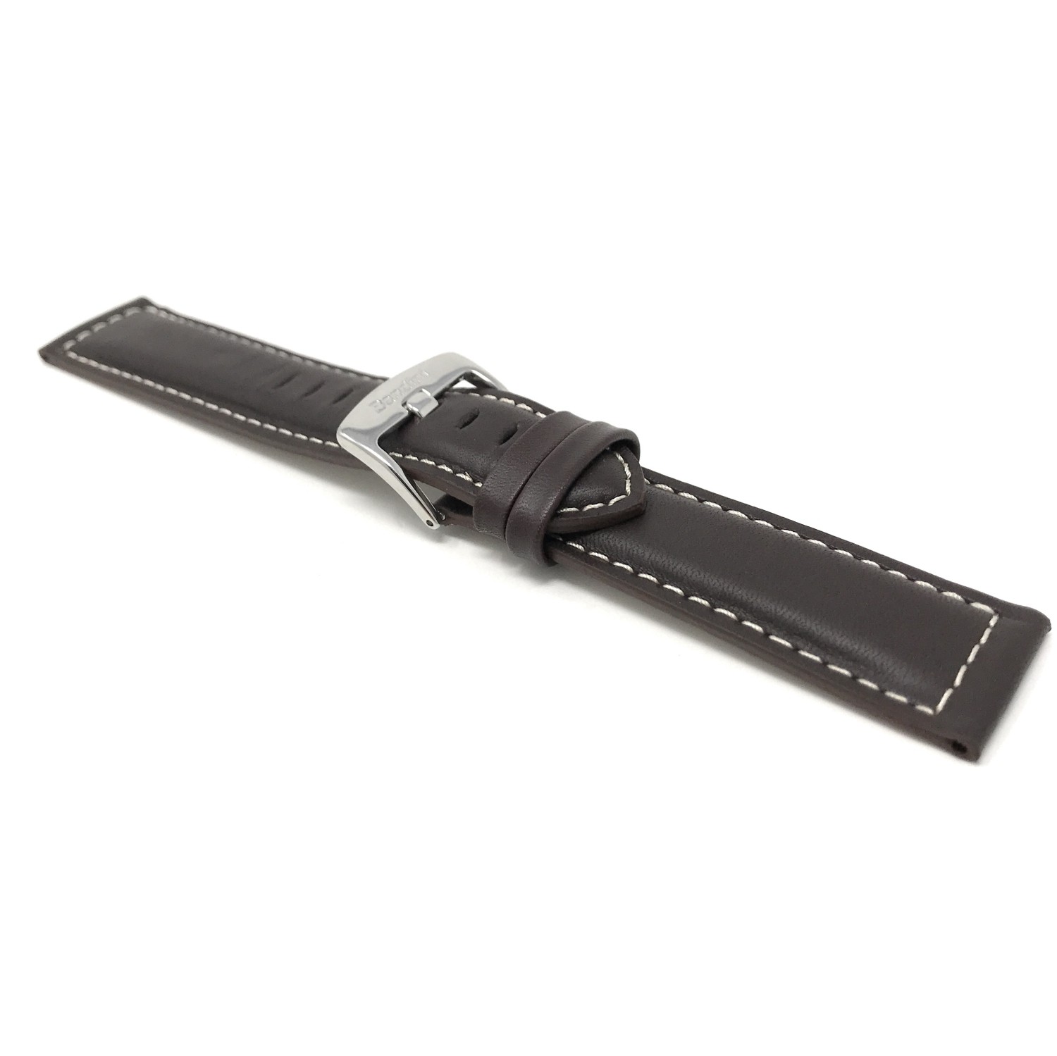 Extra Long, 26mm Brown Genuine Leather Watch Band Strap, Mat Finish, White Stitching