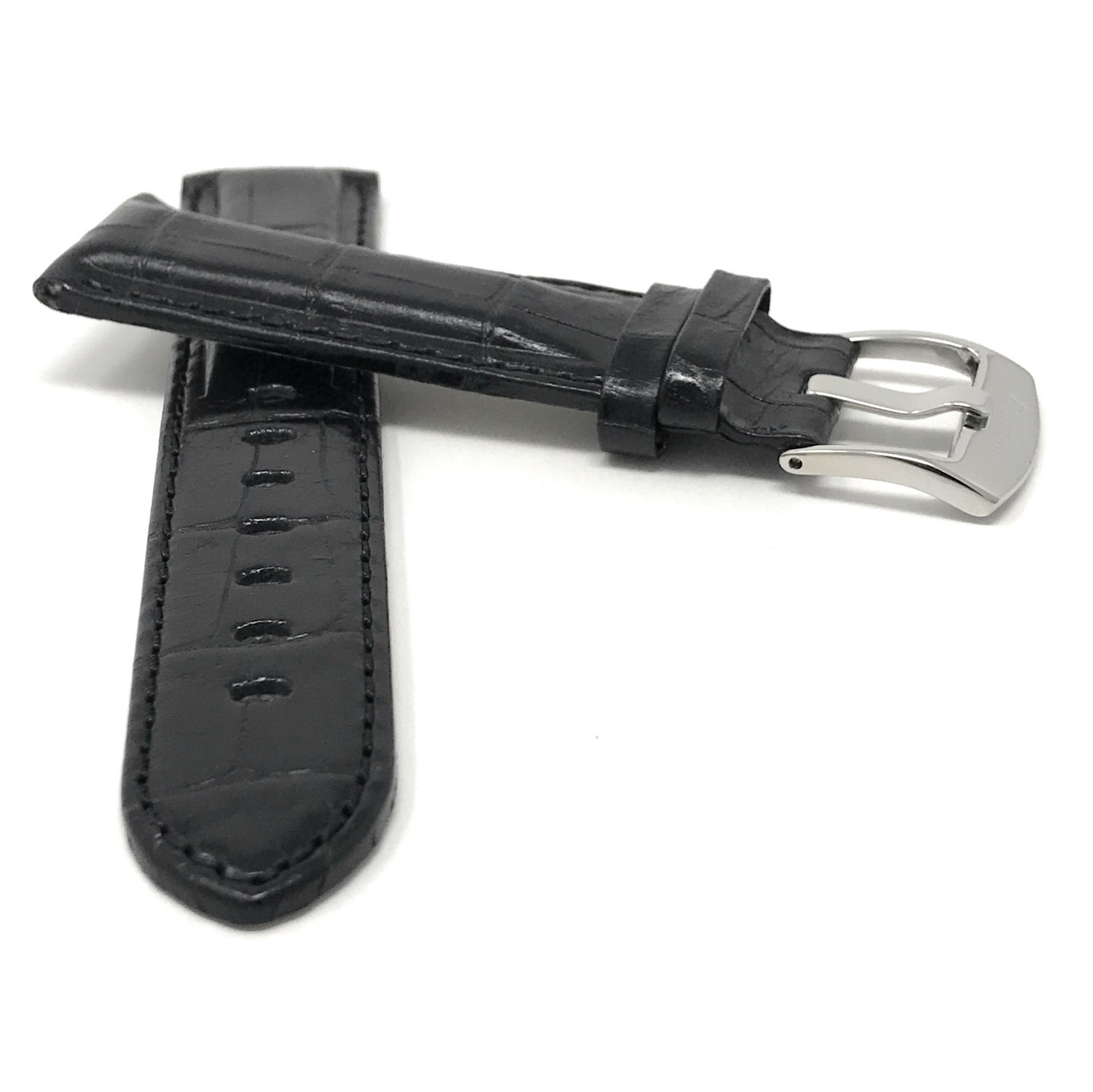 Extra Long 18mm bracelet de montre pour hommes en cuir véritable, noir, fini lustré, motif alligator