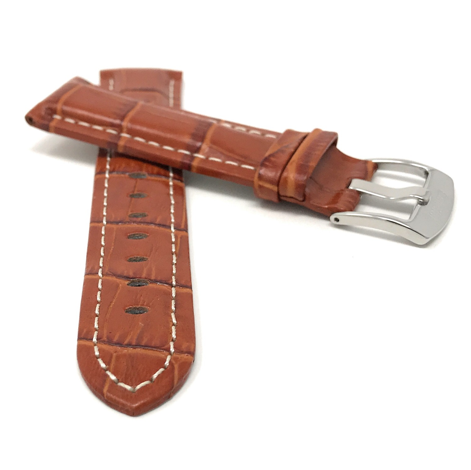 Extra Long, 18mm Tan Mens' Alligator Style Genuine Leather Watch Band Strap, With White Stitching, Glossy Finish