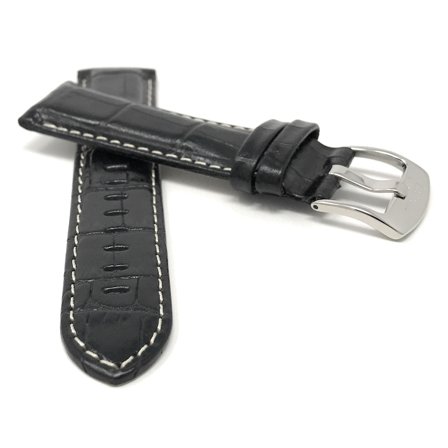 Extra Long, 20mm Alligator Pattern Smartwatch Strap for Motorola 360, Leather, Black White Stitching