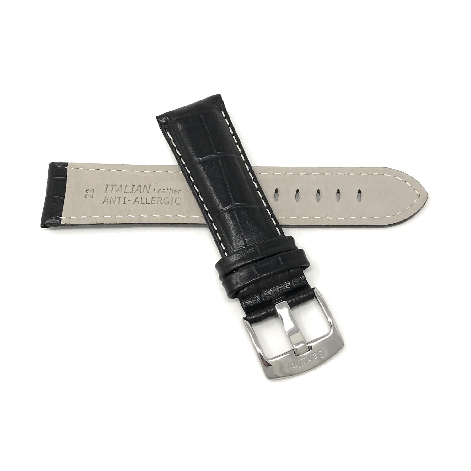Extra Long, 20mm Alligator Pattern Smartwatch Strap for Motorola 360, Leather, Black White Stitching