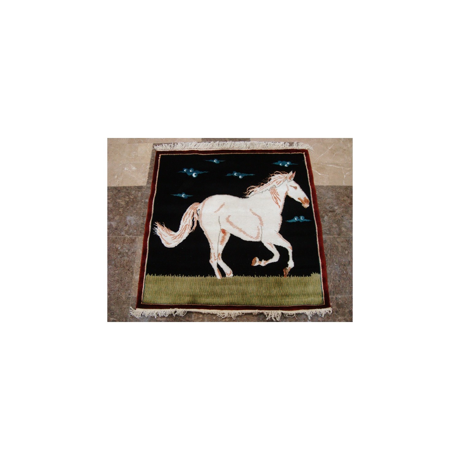 Exclusive White Horse Oriental Square Rug Hand Knotted Wool Silk Carpet'