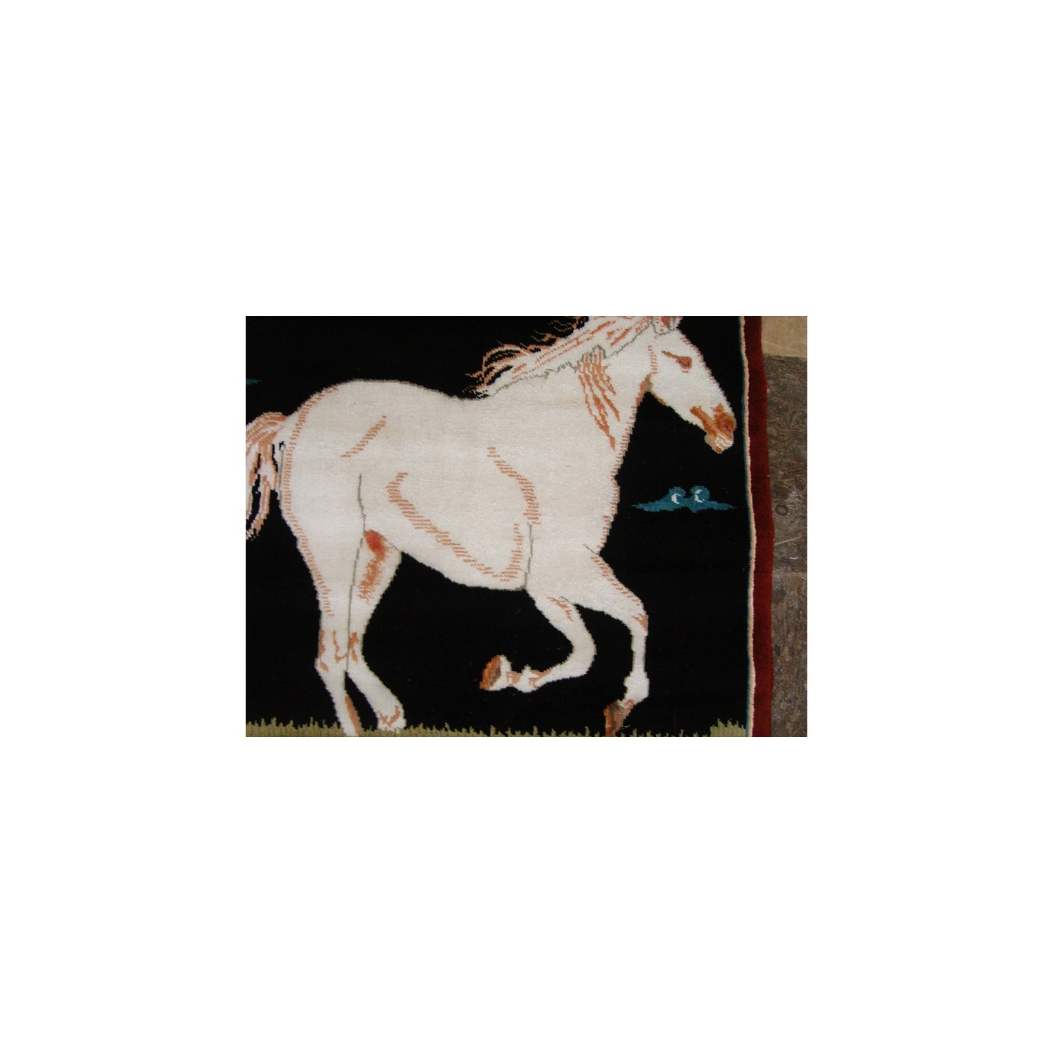 Exclusive White Horse Oriental Square Rug Hand Knotted Wool Silk Carpet'