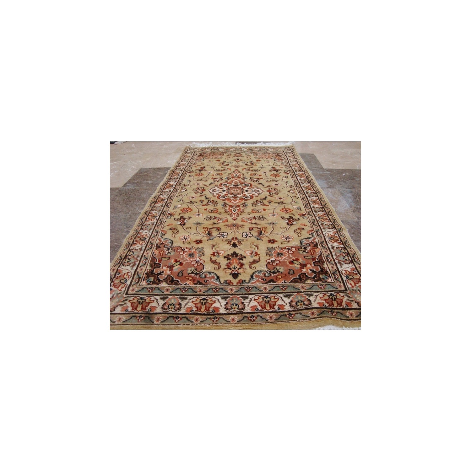 Ahmedani Wow Floral Medallion Hand Knotted Wool Silk Carpet 5.3' x 3.0' Area Rug - Cream