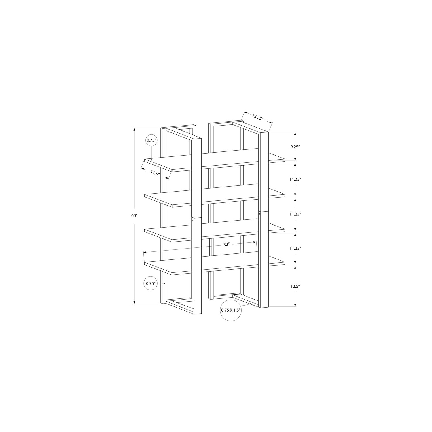 BOOKCASE - 60"H / CAPPUCCINO / SILVER METAL