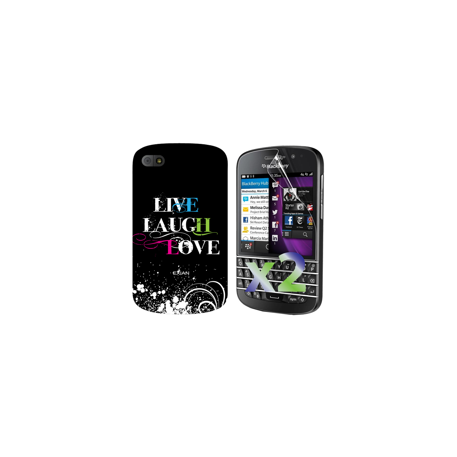 Exian Blackberry Q10 Screen Protectors X 2 and TPU Case Exian Design Live/Laugh/Love(1) Black
