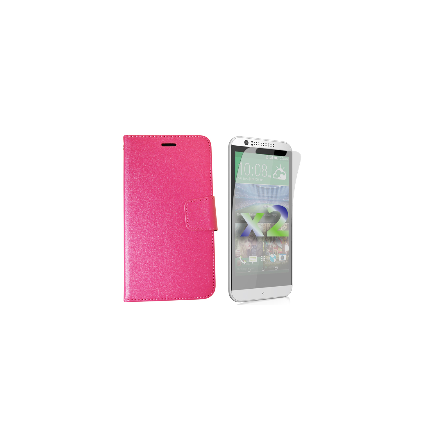 Protecteur d'écran d'Exian pour Desire 510 X 2 de HTC et portefeuille en cuir de polyuréthane rose vif