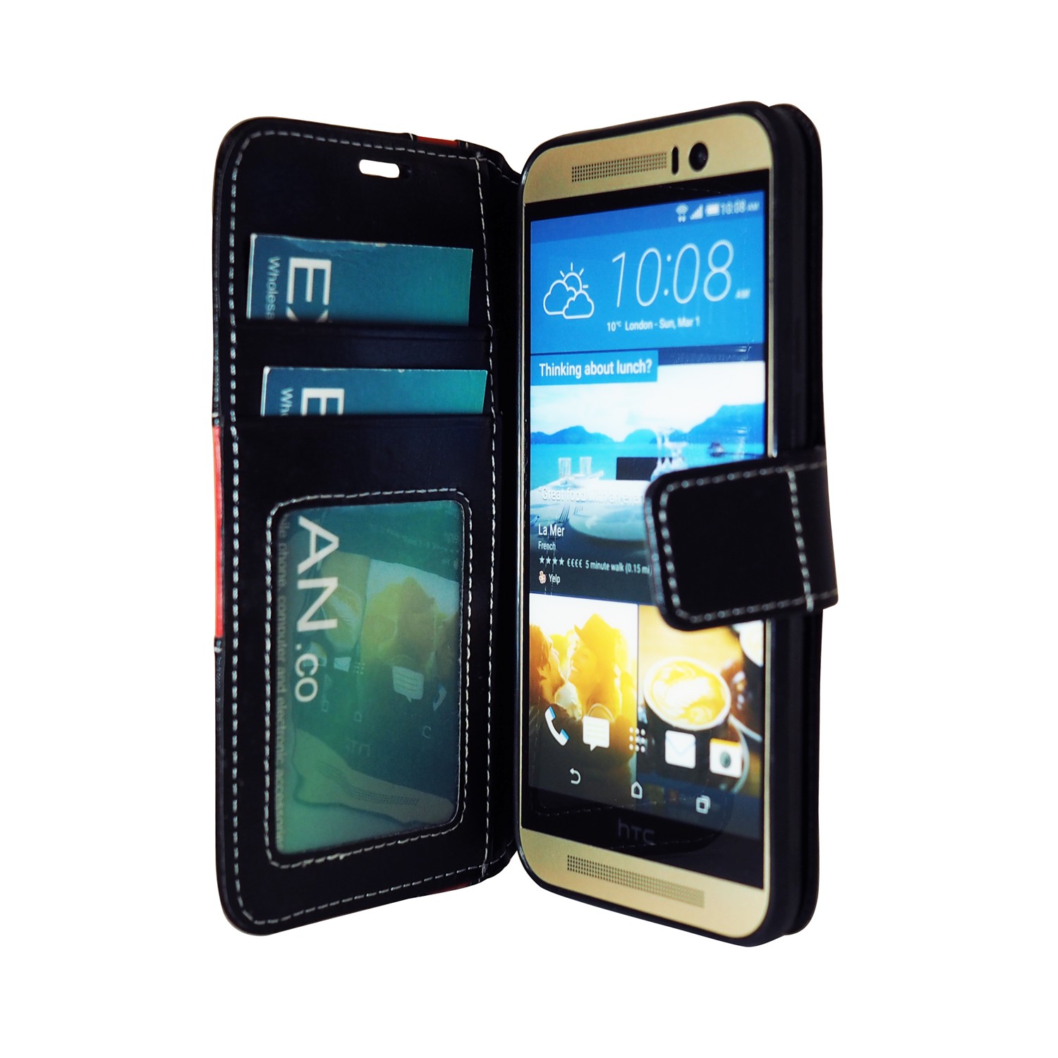 Exian HTC One M9 PU Leather Wallet Exian Design Stripe Pattern Black/Red