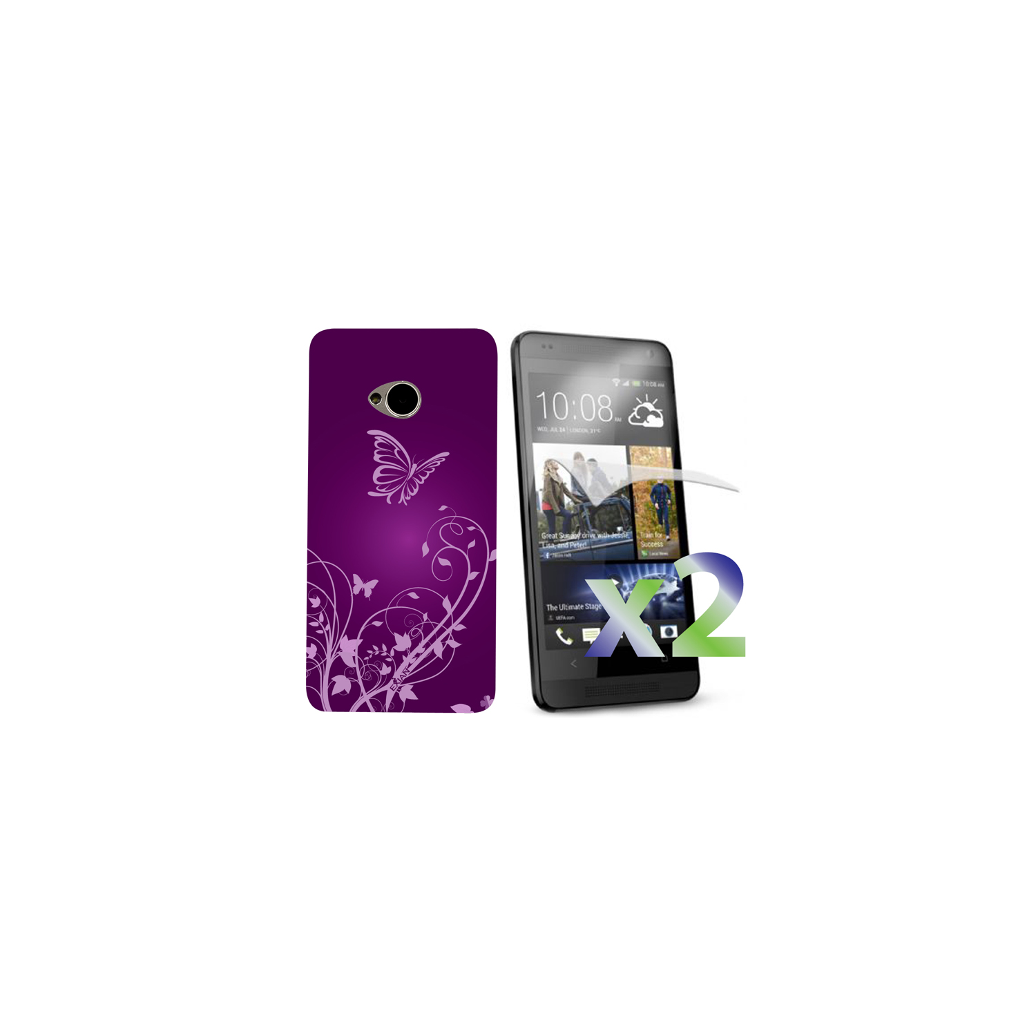 Protecteurs d'écran d'Exian pour One M7 de HTC X 2 et étui en TPUR, motif floral et papillon violet
