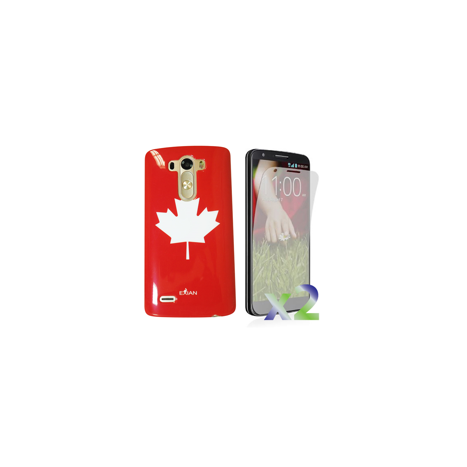Exian LG G3 Screen Protectors X 2 and TPU Case Exian Design Maple Leaf Red