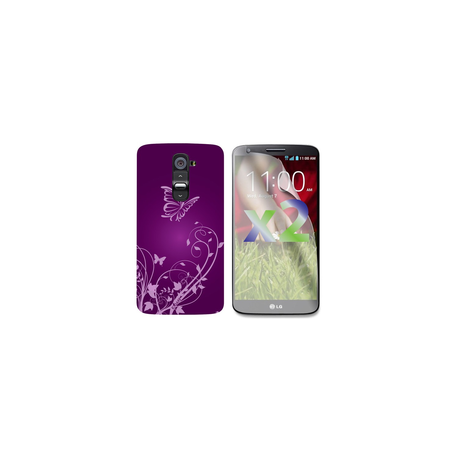 Exian LG G2 Screen Protectors X 2 and TPU Case Exian Design Flower & Butterfly Purple