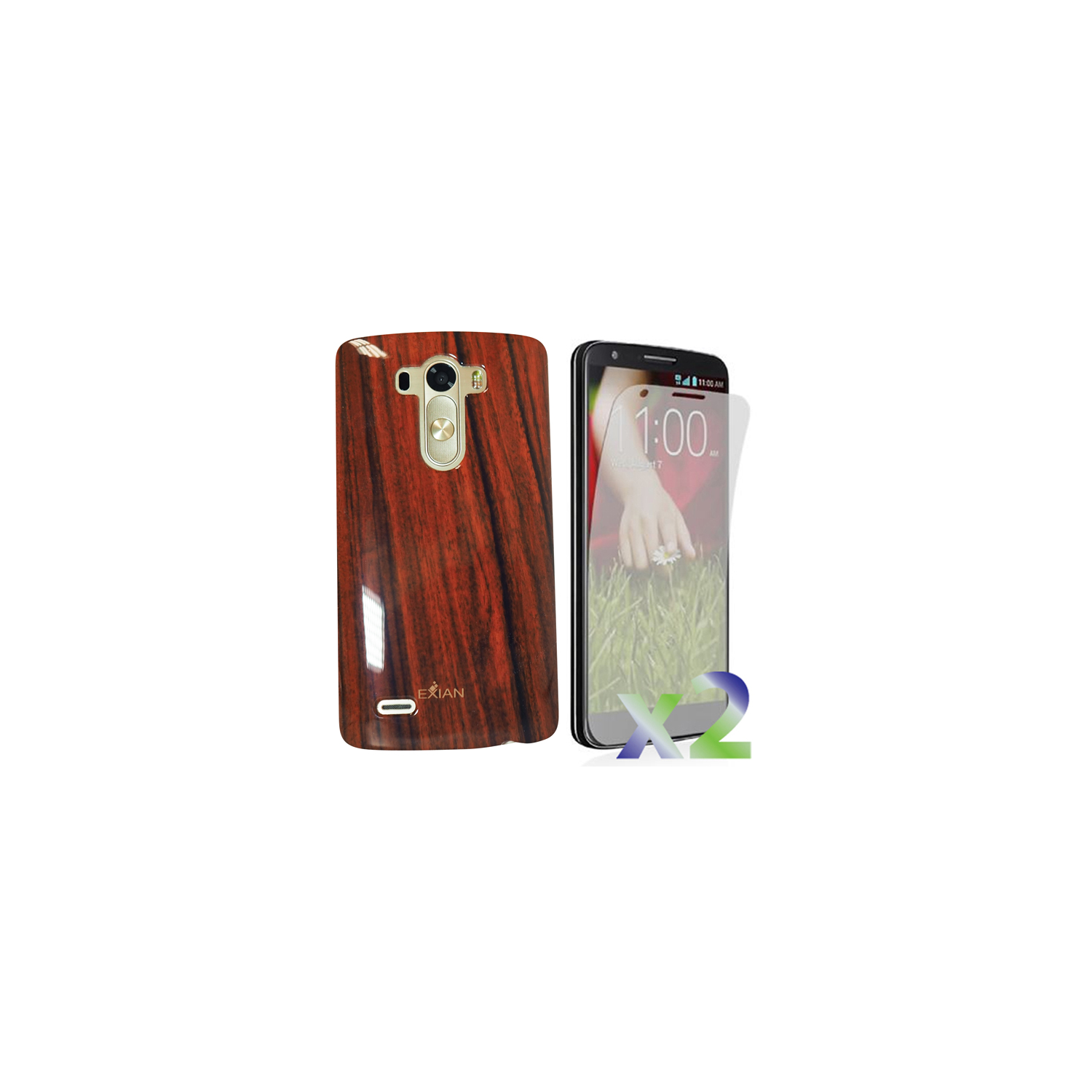 Exian LG G3 Screen Protectors X 2 and TPU Case Exian Design Wood Pattern Brown