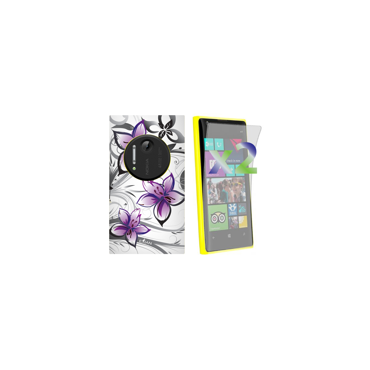 Exian Nokia Lumia 1020 Screen Protectors X 2 and TPU Case Exian Design Purple Floral on White