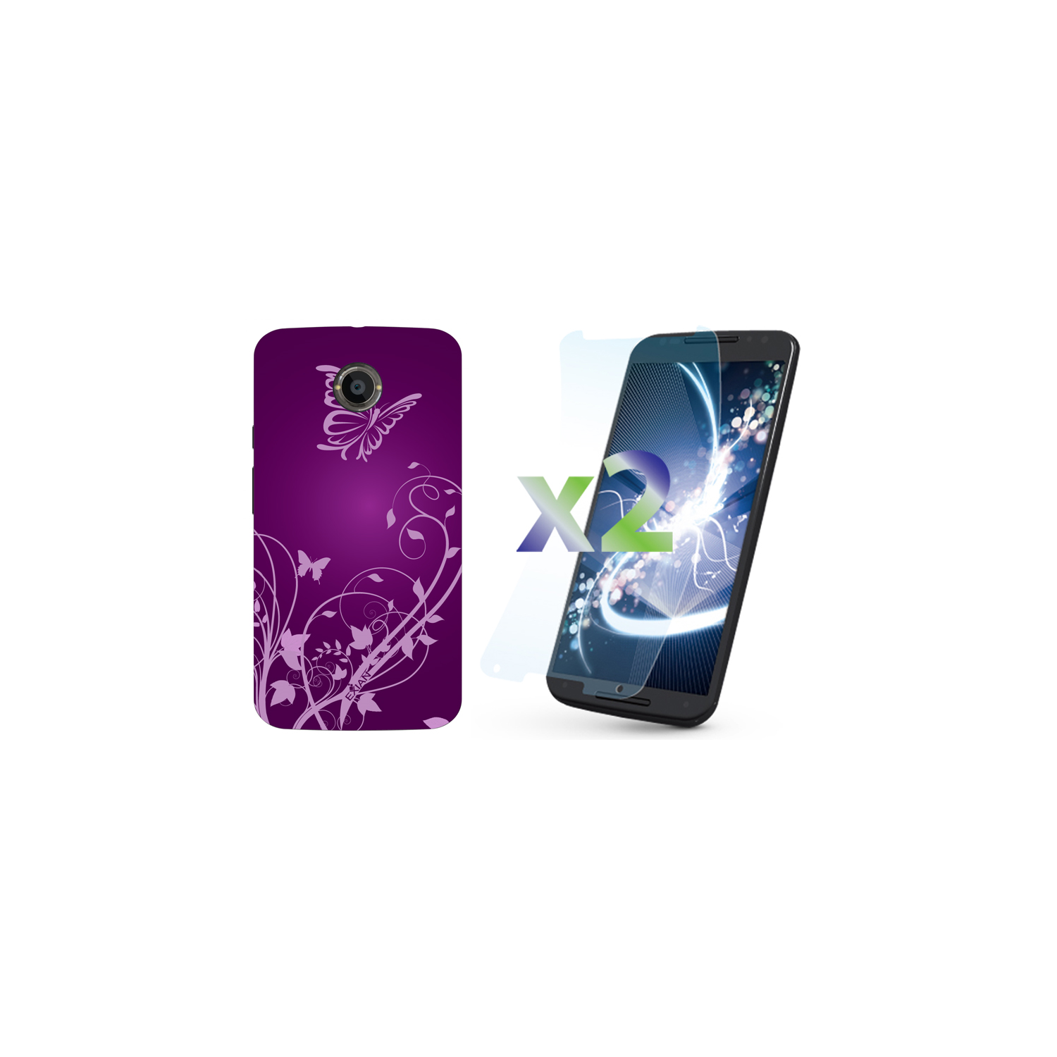 Exian Motorola Moto X2(2nd Gen) Screen Protectors X 2 and TPU Case Exian Design Flower & Butterfly Purple