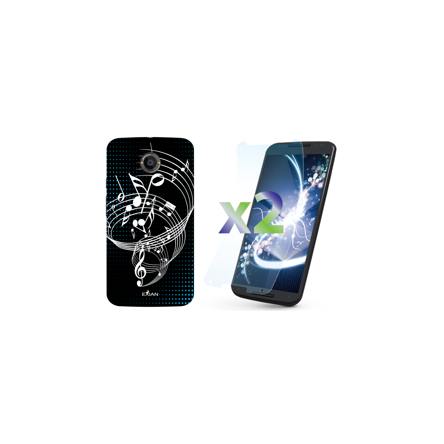 Exian Motorola Moto X2(2nd Gen) Screen Protectors X 2 and TPU Case Exian Design Musical Notes Black
