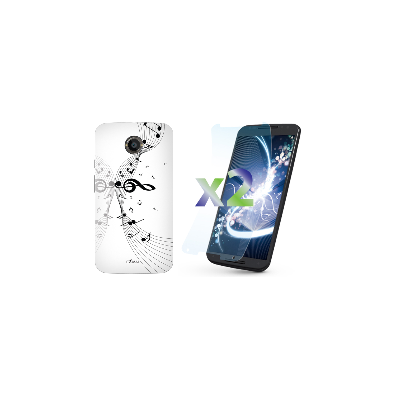 Exian Motorola Moto X2(2nd Gen) Screen Protectors X 2 and TPU Case Exian Design Musical Notes White
