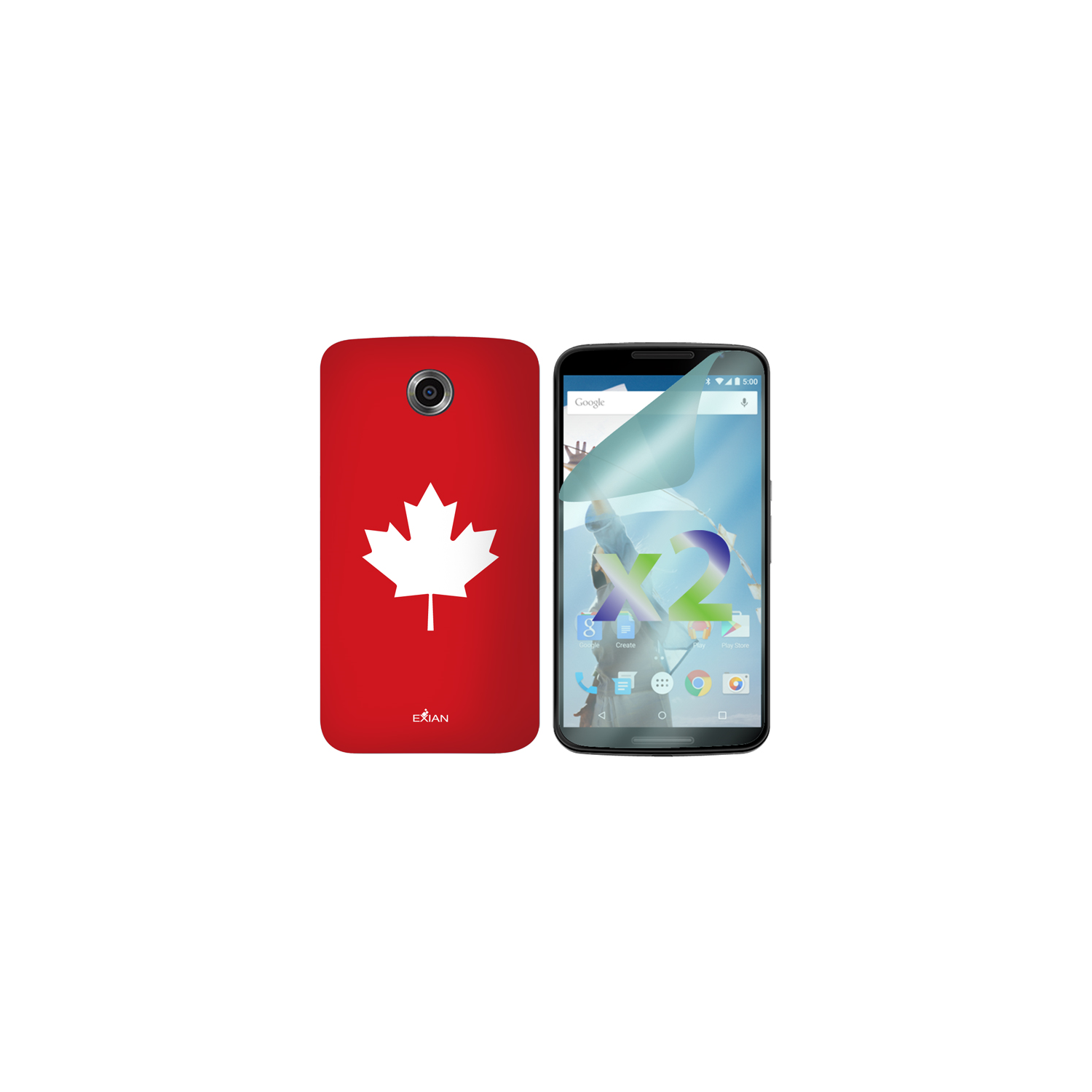 2 protecteurs d’écran d’Exian pour Nexus 6 de Google et étui en TPUR avec motif de feuille d’érable rouge d’Exian