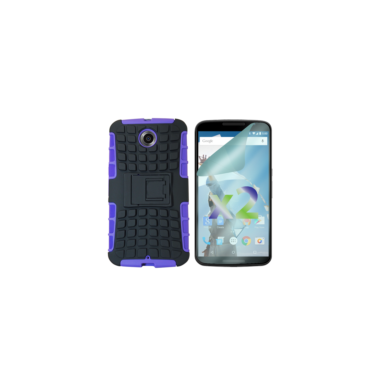 Exian LG Google Nexus 6 Screen Protectors X 2 and TPU+Hard Plastic Armored Case with Stand Purple