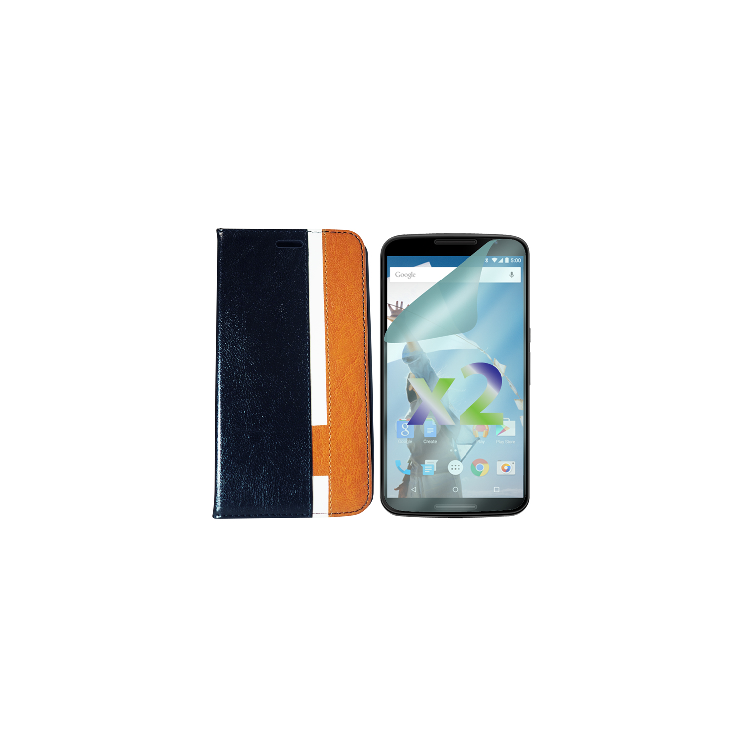 Les protecteurs d’écran X 2 d’Exian pour Nexus 6 de Google et l’étui portefeuille en cuir tu d’Exian noir