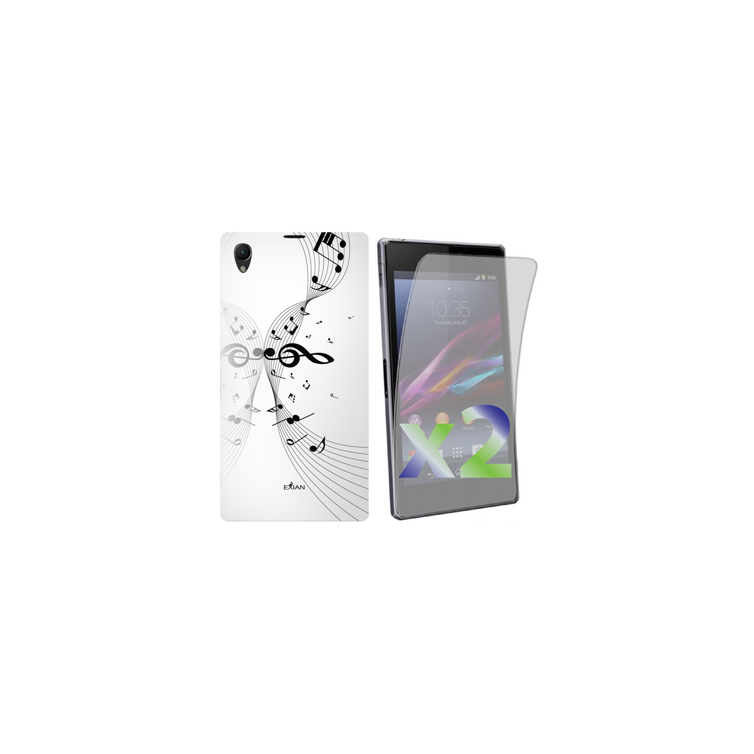 Exian Sony Xperia Z1 Screen Protectors X 2 and TPU Case Exian Design Musical Notes White