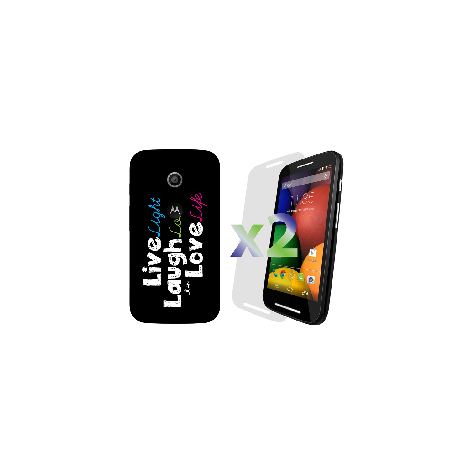 Exian Motorola Moto E(1st Gen) Screen Protectors X 2 and TPU Case Exian Design Live/Laugh/Love(1) Black
