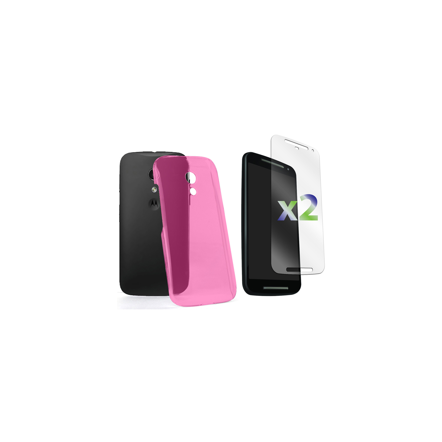 Exian Motorola Moto G2(2nd Gen) Screen Protectors X 2 and TPU Slim Case Transparent Hot Pink